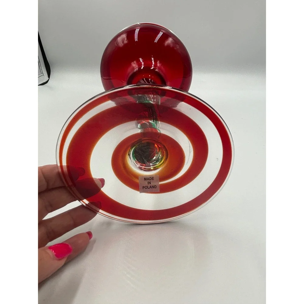 Hand Blown Poland Glass Goblet Red Green White Twisted Stem Spiral‎ Base Holiday